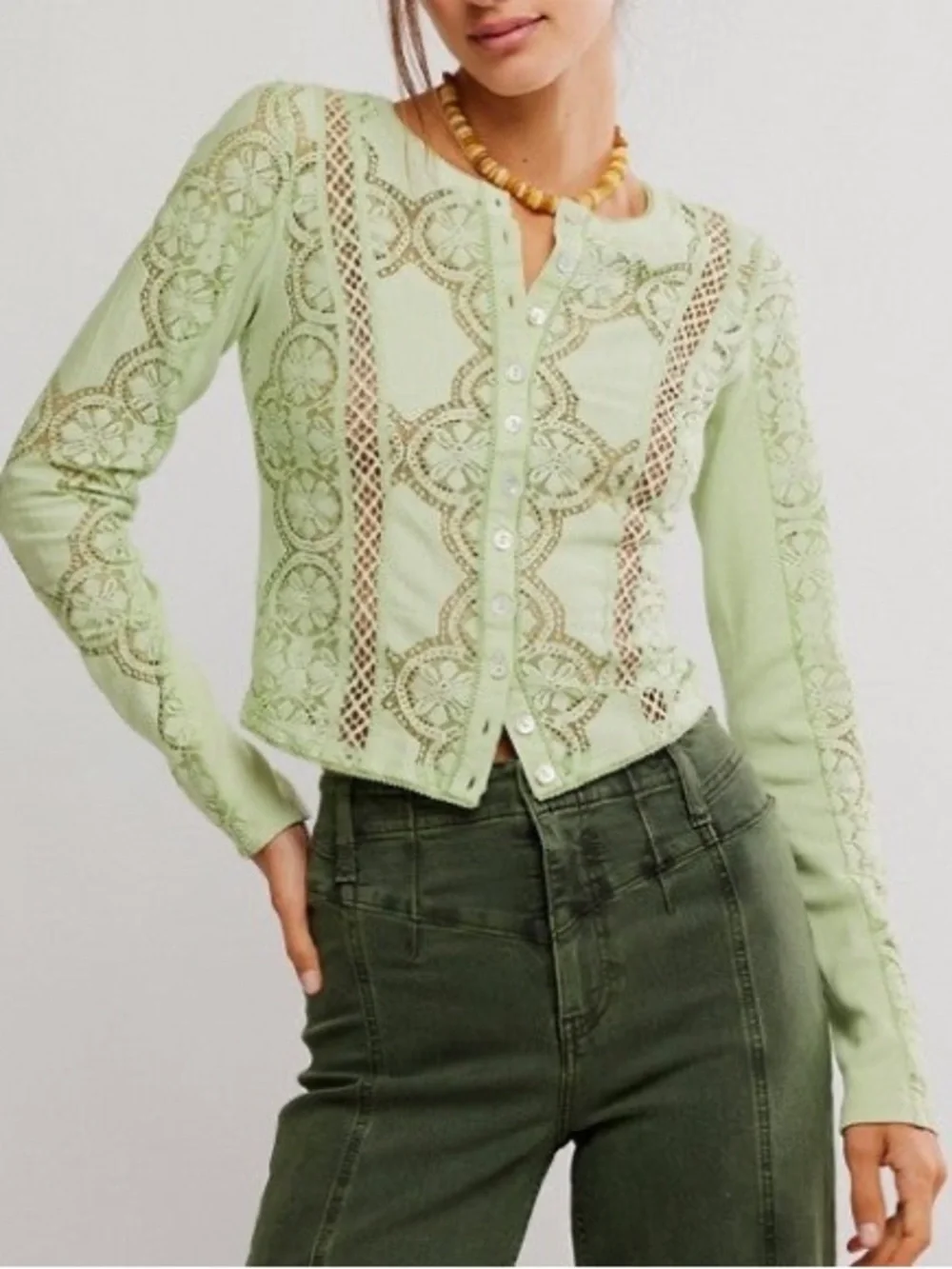 Free People Lace Button Front Cardigan Top – Soft Moss Green – Size Large
